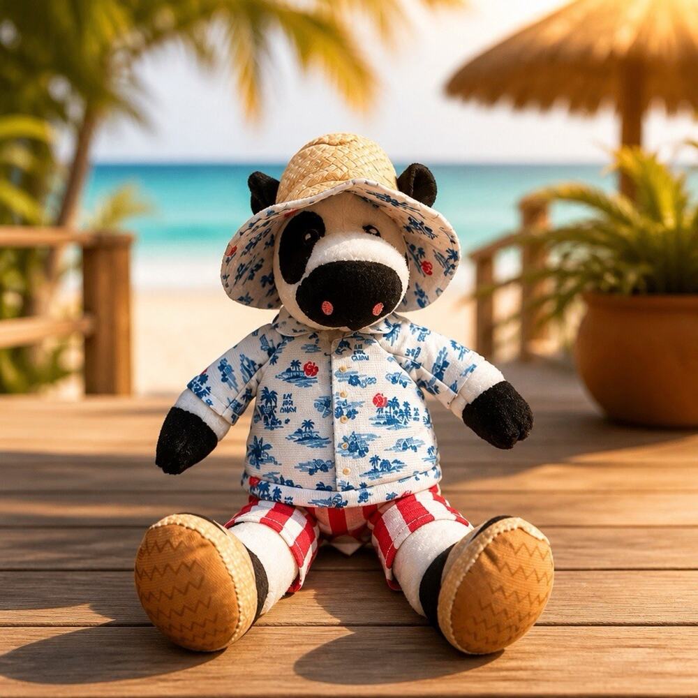 Chick-fil-A Summer 2025 Plush Cow Doll Toy Blue Tropical Island Shirt Cabana 9.5